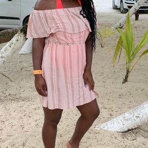 Pink/blush pin stripe flare dress off the shoulder